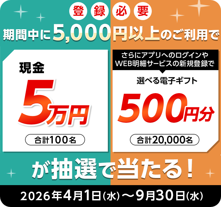 期間中に5,000円以上のご利用で‥‥合計100名に現金5万円　さらにアプリへのログインやWEB明細サービスの新規登録で合計20,000名に選べる電子ギフト500円分　抽選で当たる！